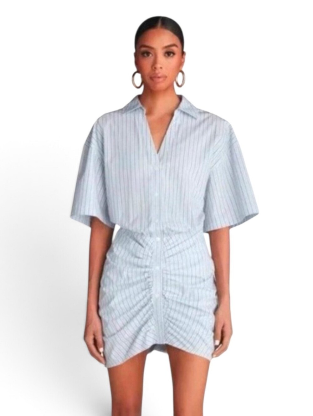 KBB by KAHLANA Women's Short Sleeve 'The Ruched Shirt Dress' Blue/White Stripe